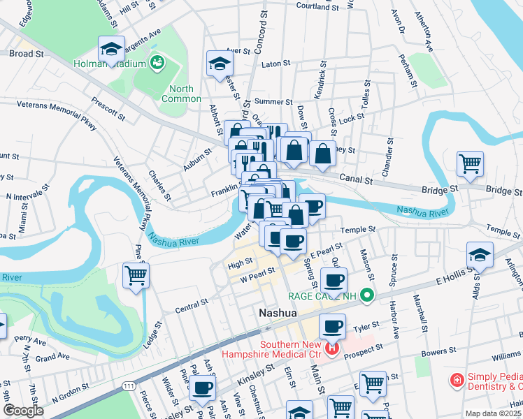 map of restaurants, bars, coffee shops, grocery stores, and more near 60 Main Street in Nashua