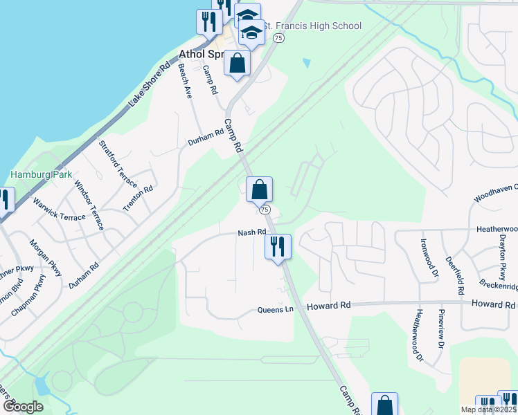 map of restaurants, bars, coffee shops, grocery stores, and more near 4480 Camp Road in Hamburg