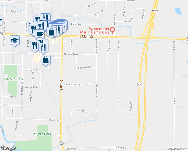 map of restaurants, bars, coffee shops, grocery stores, and more near 177 Elmwood Avenue in East Aurora