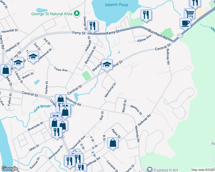 map of restaurants, bars, coffee shops, grocery stores, and more near 1 Memorial Drive in Hudson