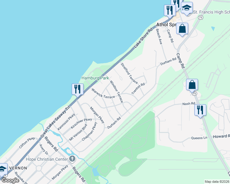 map of restaurants, bars, coffee shops, grocery stores, and more near 4462 Windsor Terrace in Hamburg