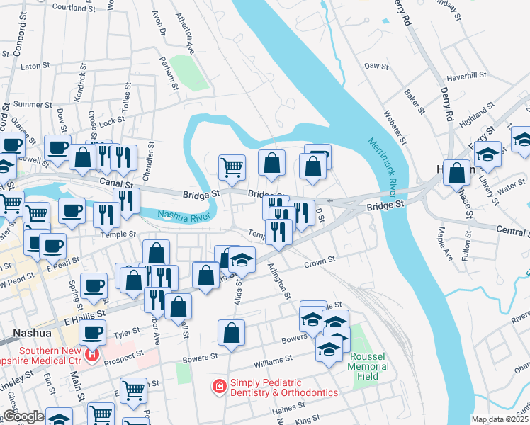 map of restaurants, bars, coffee shops, grocery stores, and more near 1 Jackson Street in Nashua