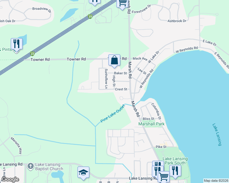 map of restaurants, bars, coffee shops, grocery stores, and more near 6279 High Street in Meridian charter Township