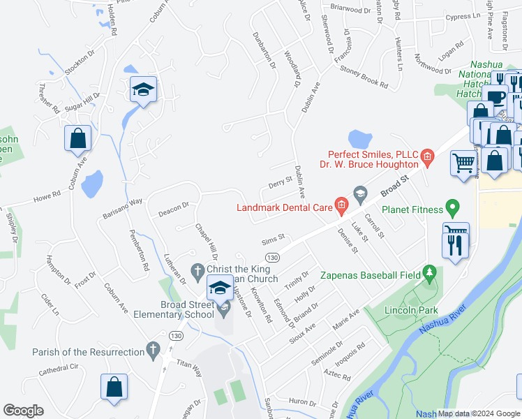 map of restaurants, bars, coffee shops, grocery stores, and more near 14 Dover Street in Nashua