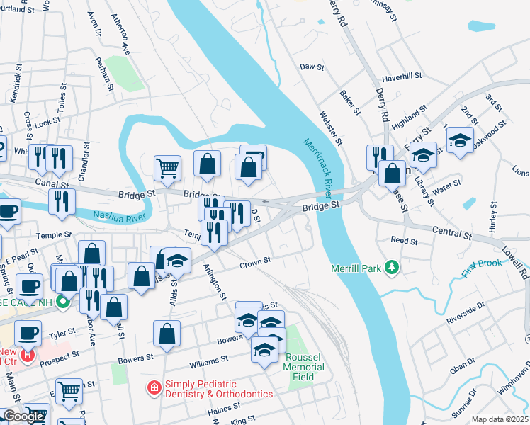 map of restaurants, bars, coffee shops, grocery stores, and more near 52 Bridge Street in Nashua