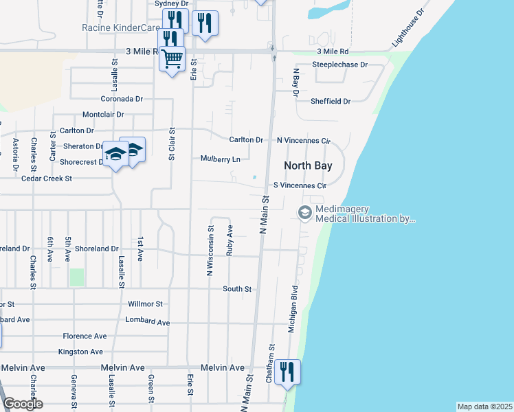 map of restaurants, bars, coffee shops, grocery stores, and more near 401 Cross Creek Road in Racine