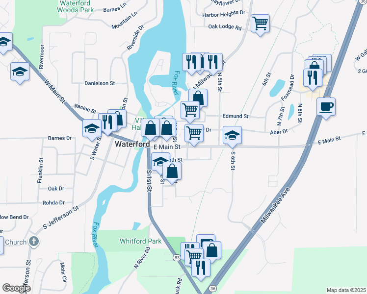 map of restaurants, bars, coffee shops, grocery stores, and more near 107 North 3rd Street in Waterford