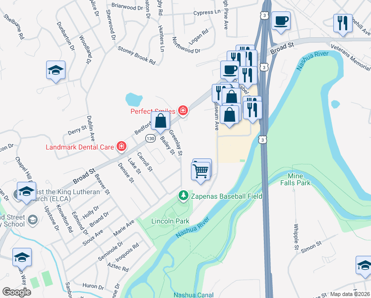 map of restaurants, bars, coffee shops, grocery stores, and more near 10 Greenlay Street in Nashua