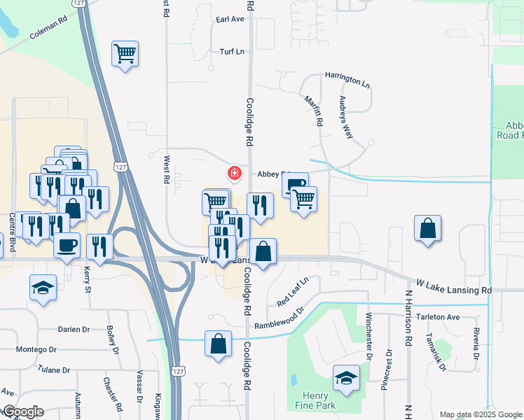 map of restaurants, bars, coffee shops, grocery stores, and more near 2500 Coolidge Rd in East Lansing