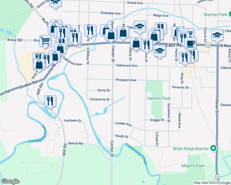 map of restaurants, bars, coffee shops, grocery stores, and more near 165 Center Street in East Aurora