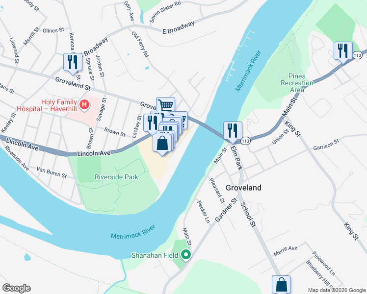 map of restaurants, bars, coffee shops, grocery stores, and more near 285 Lincoln Avenue in Haverhill