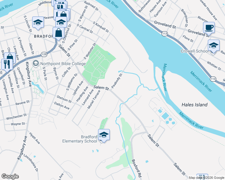 map of restaurants, bars, coffee shops, grocery stores, and more near 14 Peabody Street in Haverhill