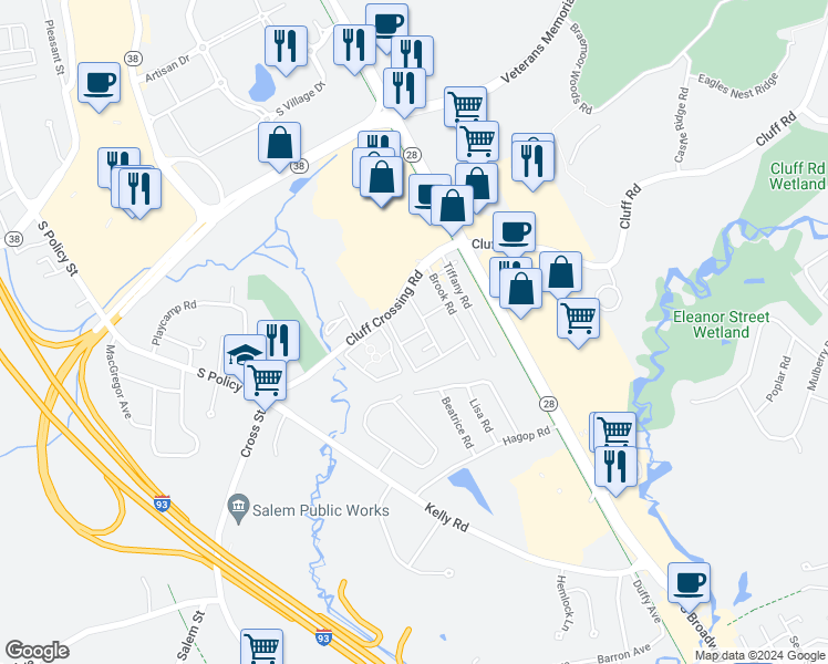 map of restaurants, bars, coffee shops, grocery stores, and more near 103 Cluff Crossing Road in Salem