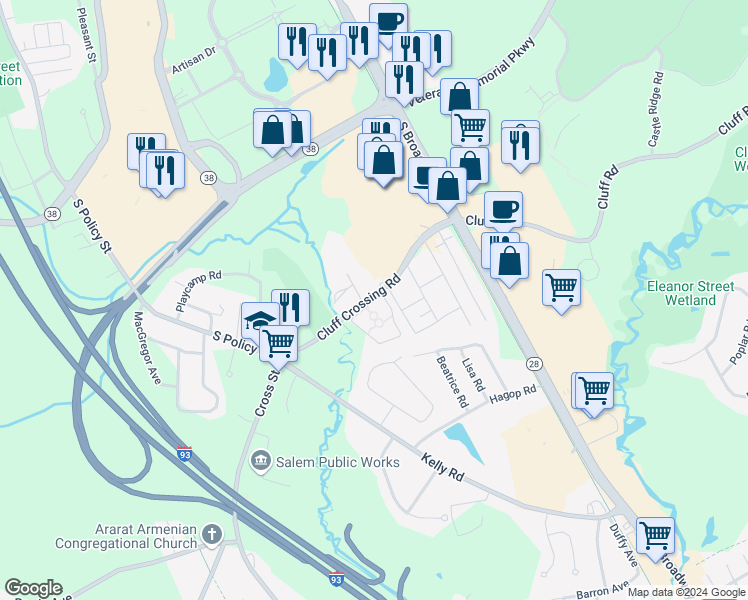map of restaurants, bars, coffee shops, grocery stores, and more near 2 Lancelot Court in Salem