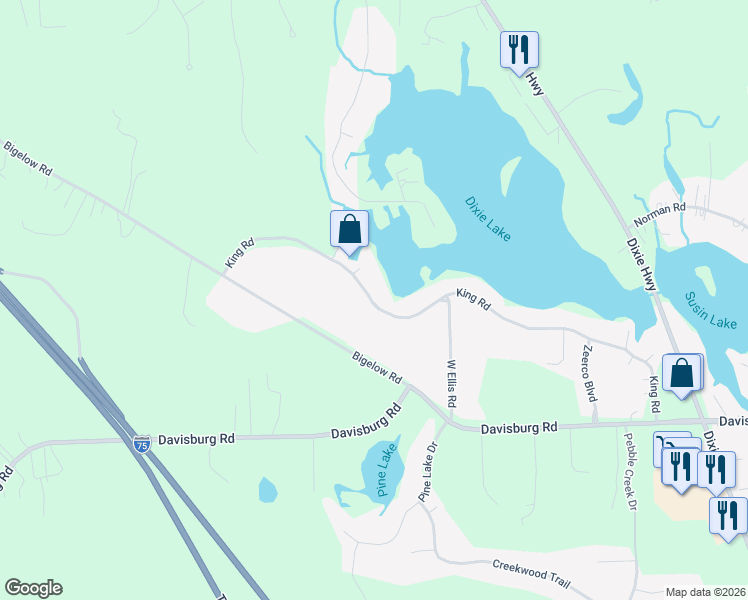 map of restaurants, bars, coffee shops, grocery stores, and more near 10462 King Road in Springfield Township