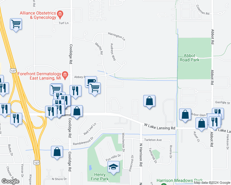 map of restaurants, bars, coffee shops, grocery stores, and more near 2630 Marfitt Road in East Lansing