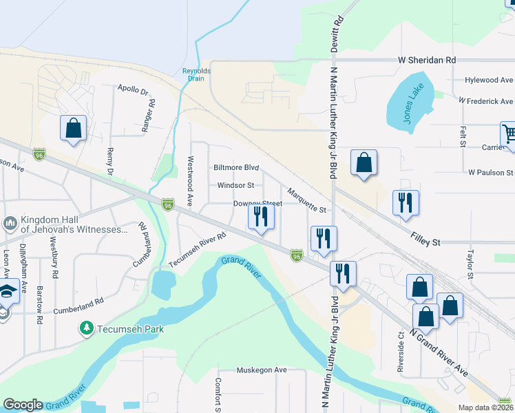 map of restaurants, bars, coffee shops, grocery stores, and more near 1414 Downey Street in Lansing