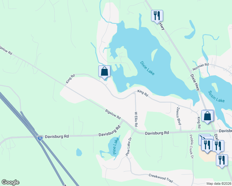 map of restaurants, bars, coffee shops, grocery stores, and more near 10462 King Road in Springfield Township