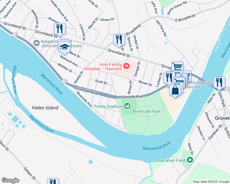 map of restaurants, bars, coffee shops, grocery stores, and more near East Nettleton Avenue Exit in Haverhill