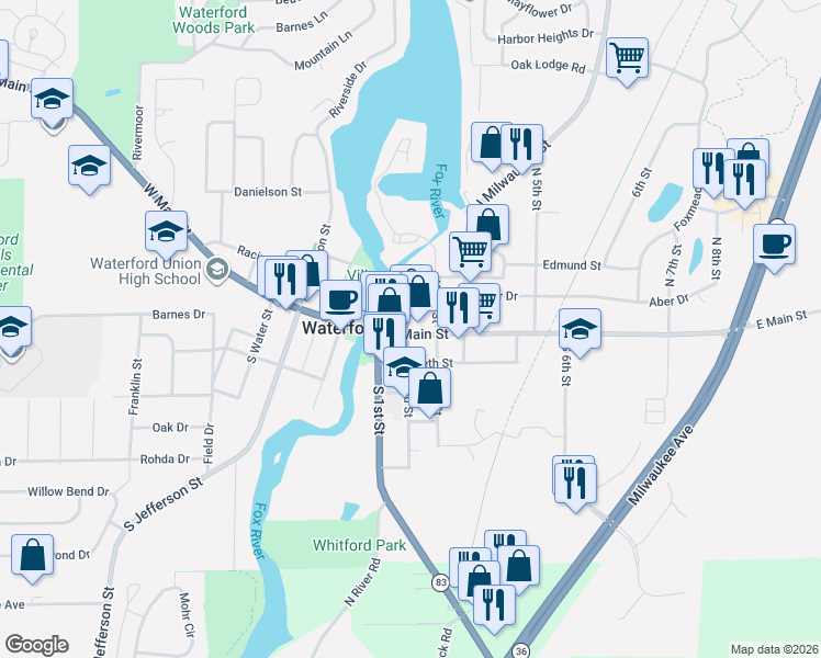 map of restaurants, bars, coffee shops, grocery stores, and more near 306 East Main Street in Waterford