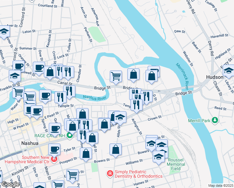 map of restaurants, bars, coffee shops, grocery stores, and more near 19 Bridge Street in Nashua