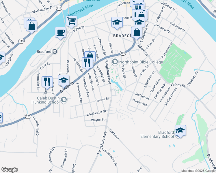 map of restaurants, bars, coffee shops, grocery stores, and more near 1 South Maple Avenue in Haverhill