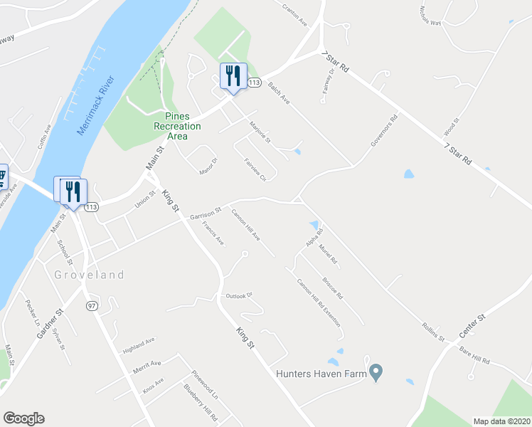 map of restaurants, bars, coffee shops, grocery stores, and more near 43 Garrison Street in Groveland