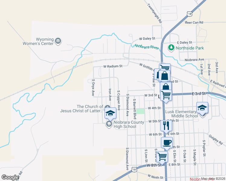 map of restaurants, bars, coffee shops, grocery stores, and more near 200-298 S Iron Ave in Lusk