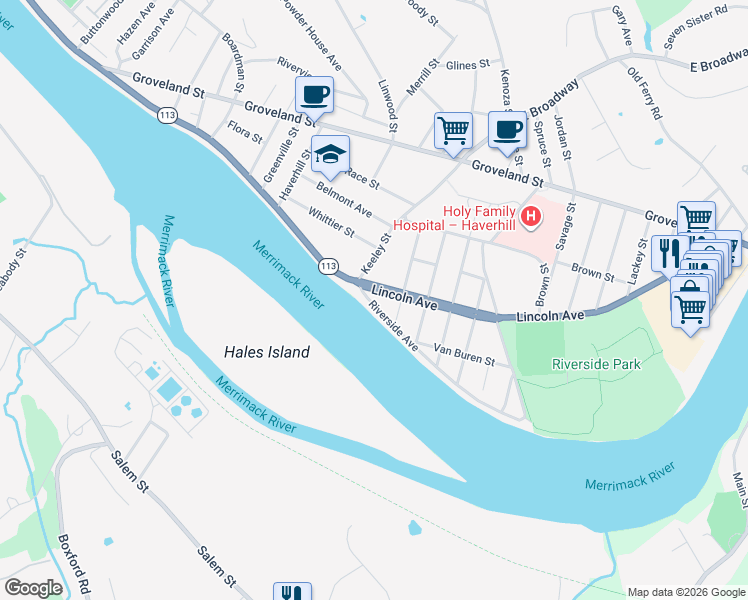 map of restaurants, bars, coffee shops, grocery stores, and more near 10 Lincoln Avenue in Haverhill