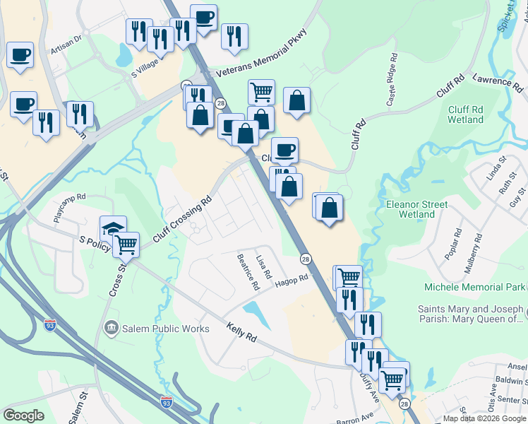 map of restaurants, bars, coffee shops, grocery stores, and more near 9 Tiffany Road in Salem