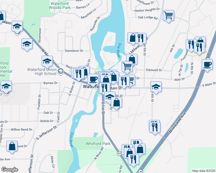 map of restaurants, bars, coffee shops, grocery stores, and more near 228 East Main Street in Waterford