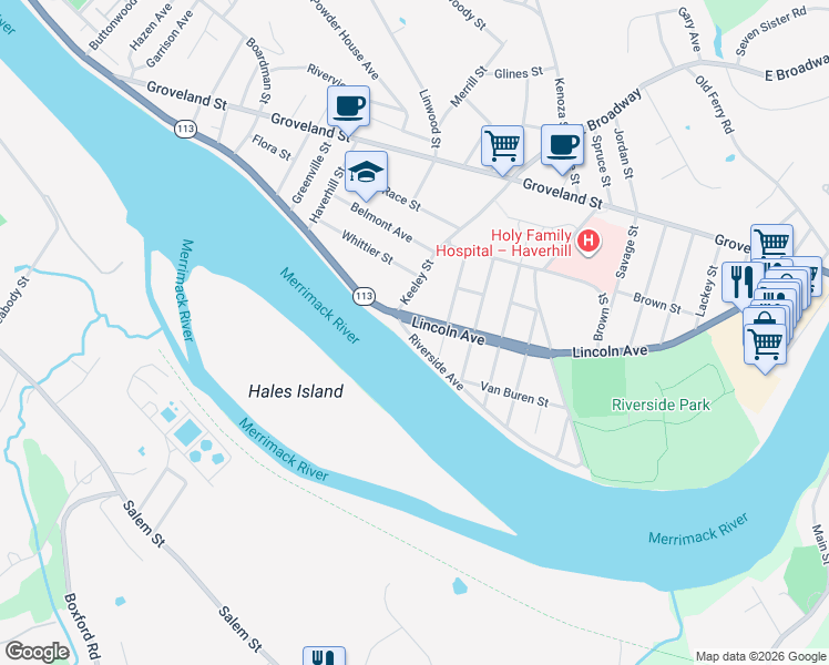 map of restaurants, bars, coffee shops, grocery stores, and more near 10 Lincoln Avenue in Haverhill