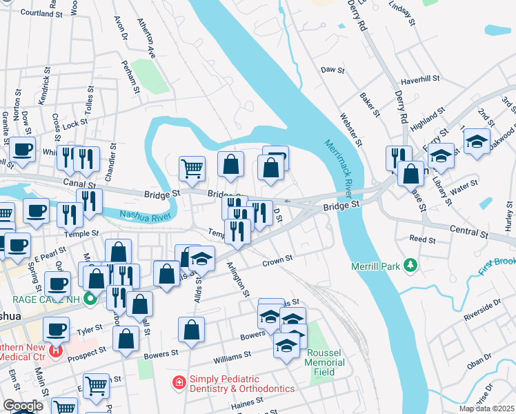 map of restaurants, bars, coffee shops, grocery stores, and more near 49 Bridge Street in Nashua