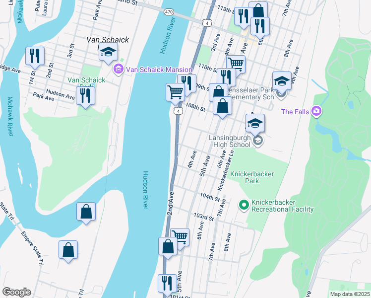 map of restaurants, bars, coffee shops, grocery stores, and more near 285 4th Avenue in Troy