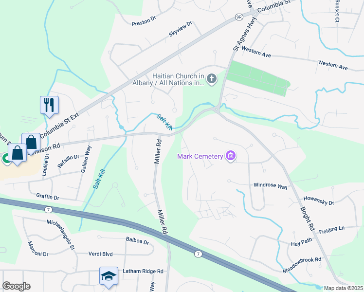 map of restaurants, bars, coffee shops, grocery stores, and more near 1 Vermont View Drive in Latham