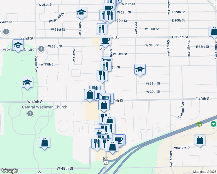 map of restaurants, bars, coffee shops, grocery stores, and more near 927 Washington Avenue in Holland
