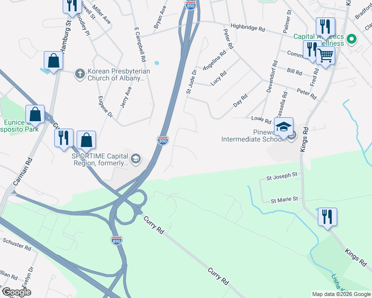 map of restaurants, bars, coffee shops, grocery stores, and more near 1118 Dianne Court in Schenectady