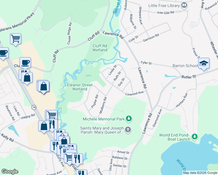 map of restaurants, bars, coffee shops, grocery stores, and more near 31 Linwood Avenue in Salem