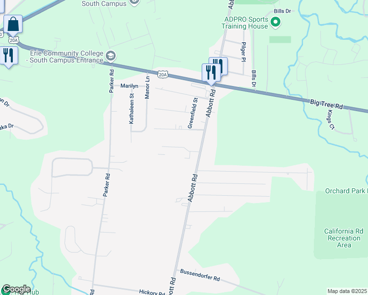 map of restaurants, bars, coffee shops, grocery stores, and more near Lindsey Lane in Orchard Park