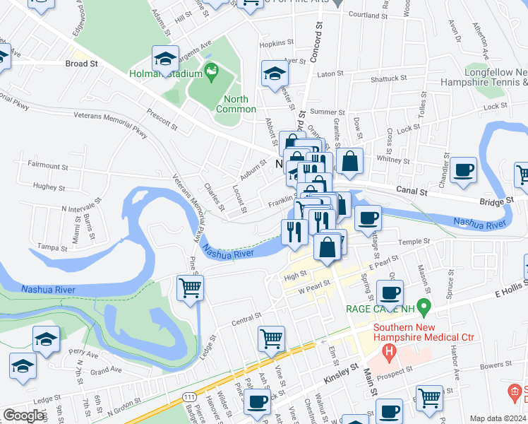 map of restaurants, bars, coffee shops, grocery stores, and more near 43 Franklin Street in Nashua