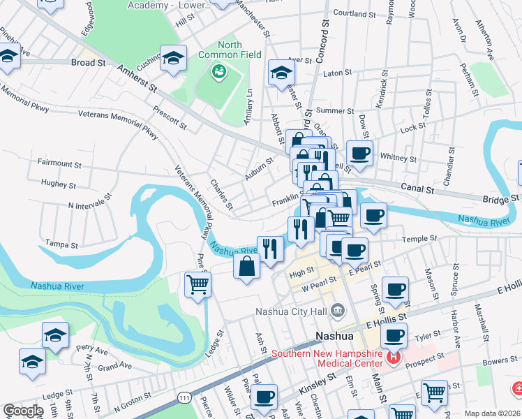 map of restaurants, bars, coffee shops, grocery stores, and more near 7 Winter Street in Nashua