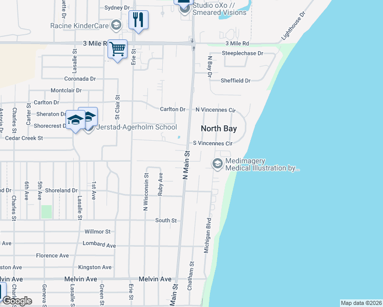 map of restaurants, bars, coffee shops, grocery stores, and more near 305 South Vincennes Circle in Racine