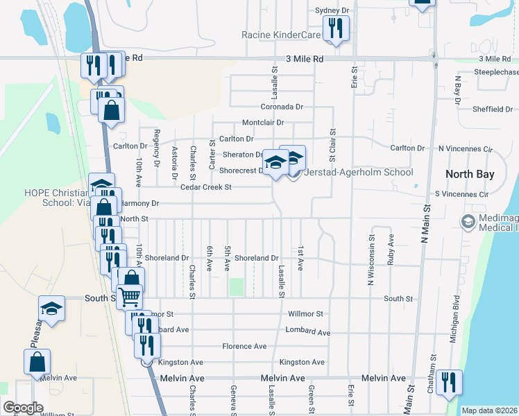 map of restaurants, bars, coffee shops, grocery stores, and more near 1104 Harmony Drive in Racine