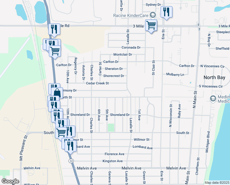 map of restaurants, bars, coffee shops, grocery stores, and more near 1104 Harmony Drive in Racine