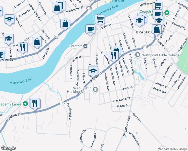 map of restaurants, bars, coffee shops, grocery stores, and more near 471 South Main Street in Haverhill