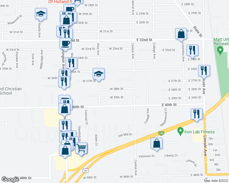 map of restaurants, bars, coffee shops, grocery stores, and more near 44 West 38th Street in Holland