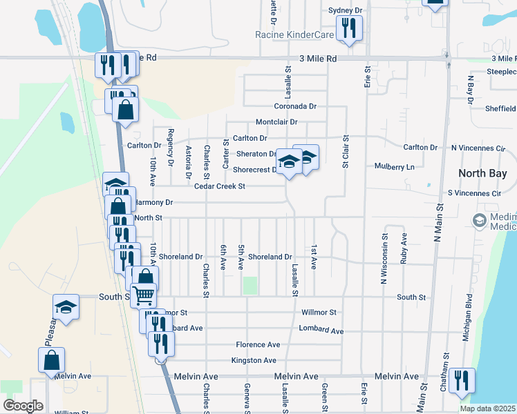 map of restaurants, bars, coffee shops, grocery stores, and more near 1104 Harmony Drive in Racine