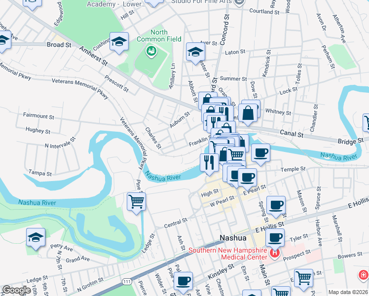 map of restaurants, bars, coffee shops, grocery stores, and more near 43 Franklin Street in Nashua