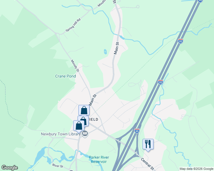 map of restaurants, bars, coffee shops, grocery stores, and more near 103 Main Street in Newbury