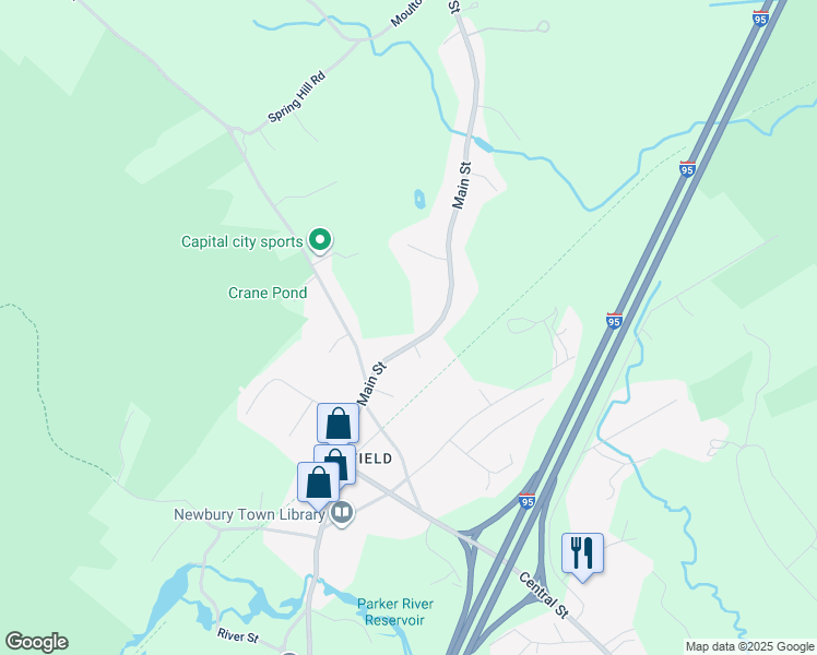 map of restaurants, bars, coffee shops, grocery stores, and more near 103 Main Street in Newbury